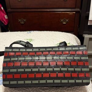 Woven Pattern Leather Shoulder Bag in Red, Black & Olive
